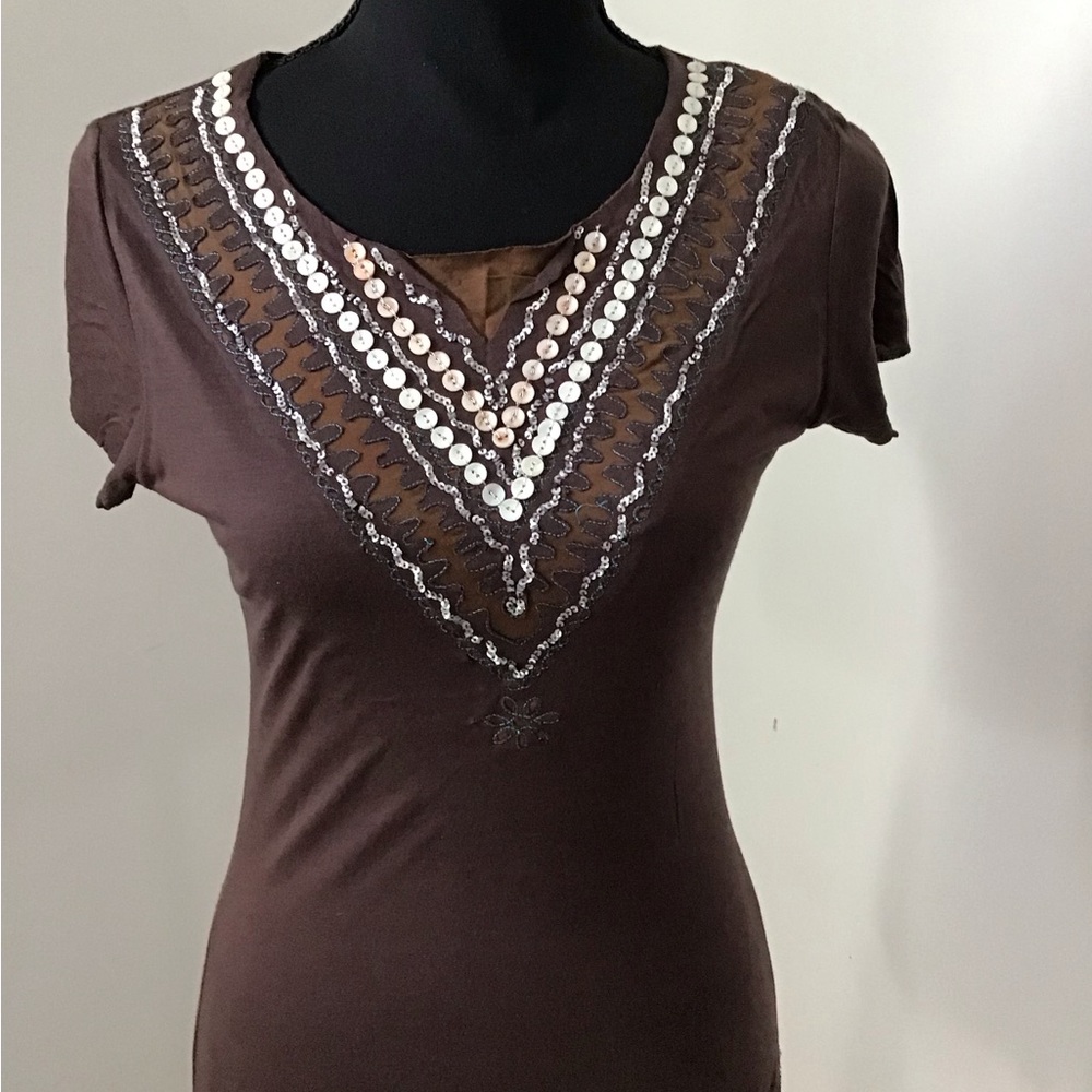 Chan Luu Brown Short-Sleeve Sequin V-Neck Tee